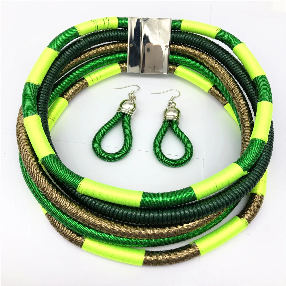 green set Liffly, Брендовое ожерелье, серьги, многослойное плетенное ювелирное изделие, колье, ожерелье для невесты, свадебные африканские бусы, ювелирный набор для женщин - Окраска металла: green set