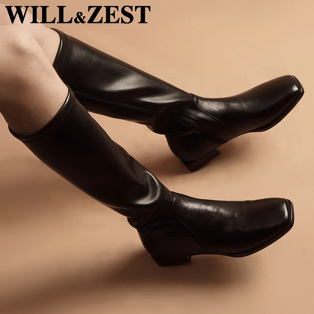 Женские зимние высокие сапоги Will & Zest черные кожаные выше колена в западном стиле
