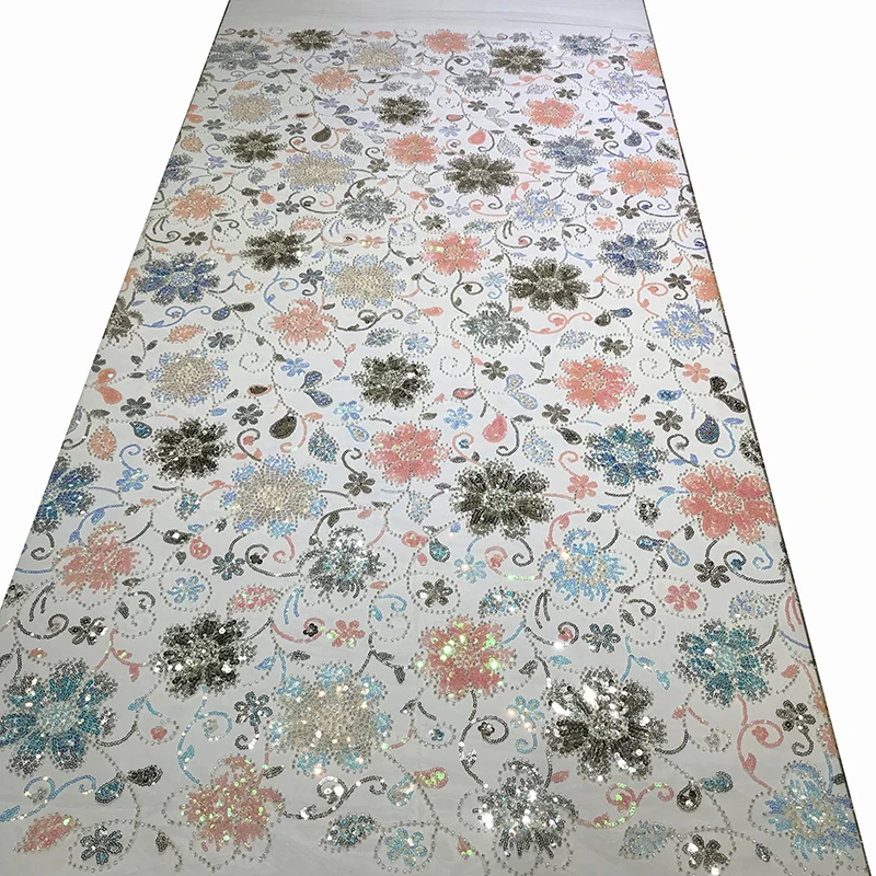 

Wholesale Colorful African High Quality Mesh Beaded Bridal Embroidered Floral Lace Tulle Fabric Fiber Textiles Sewing Material