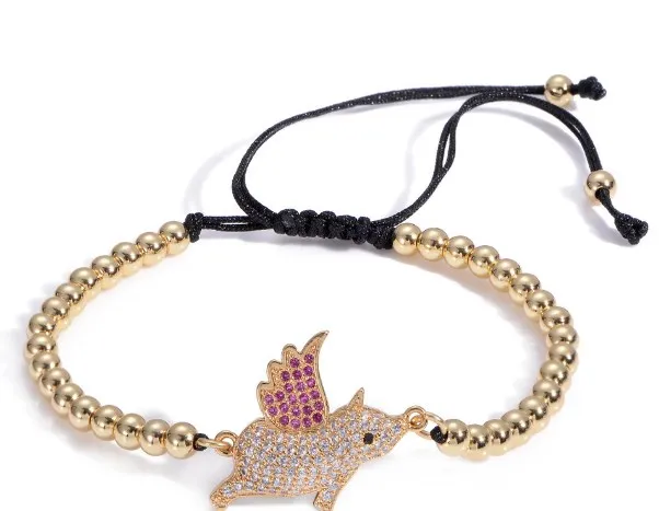 Браслет Летающая Свинья с кристаллом микро-паве из фианита браслет Регулируемый