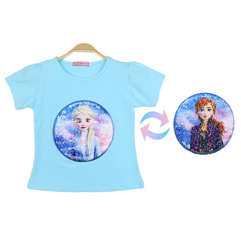 Disney Frozen Summer Girl T-Shirt Short Sleeve Costume 1 Piece Sequin Change Graph Elsa Anna Cotton Children's Clothes Kids Tee images - 6