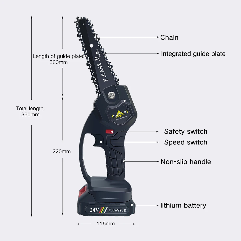 

24V Electric Chainsaw Portable Brush Chainsaw Mini Saw Rechargeable Pruning Saw Electric Chain Saw Electric Woodworking Tools