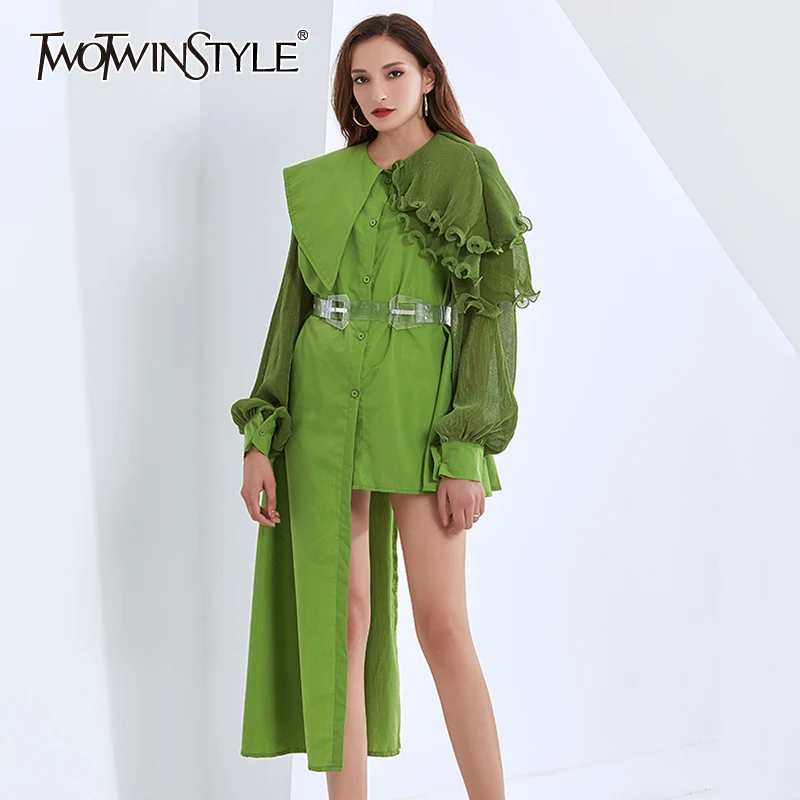

TWOTWINSTYLE Irregular Hem Dress For Women Asymmetrical Collar Lantern Long Sleeve High Waist Sashes Dresses Female 2020 Clothes