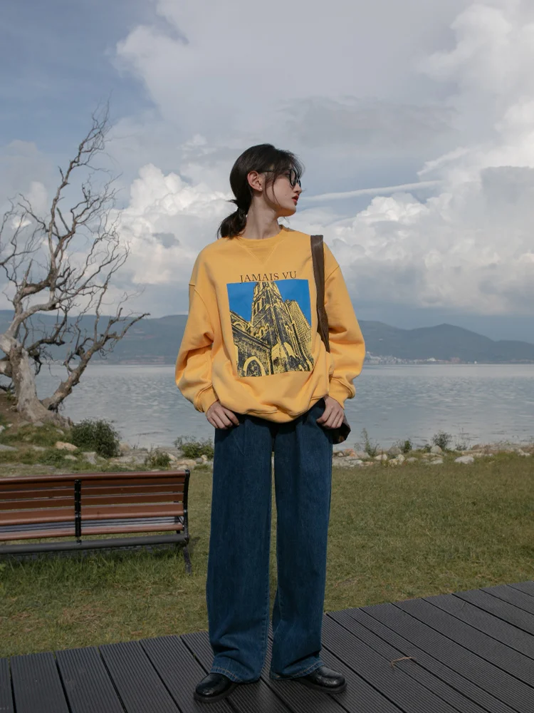 

Women Hoodies Women's Spring And Autumn Thin High-rise Building Printed Long Sleeve Korean Loose Round Neck Top