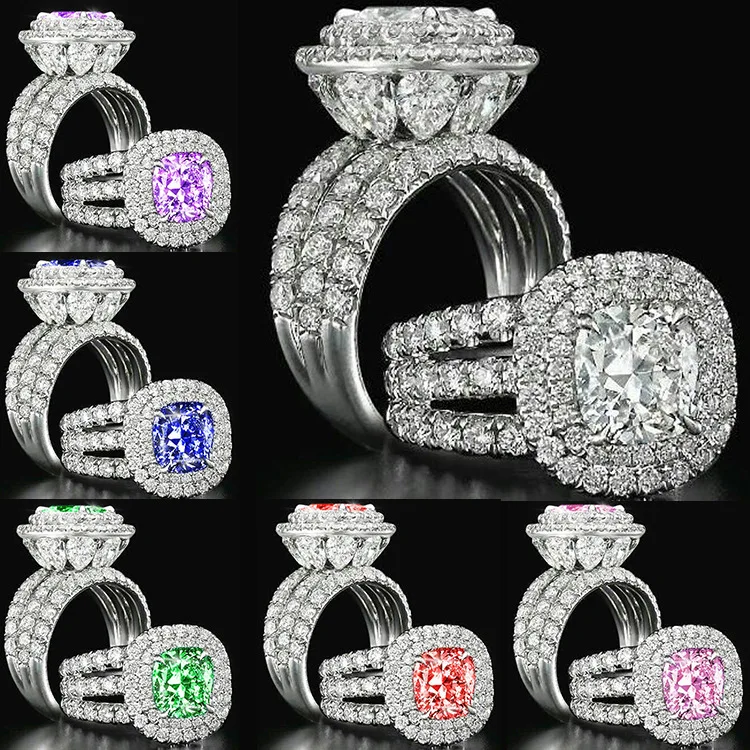 

Princess Cut Multi-color Zircon Silver Color Engagement Wedding Rings Party Rings Women Geometric Gift Jewelry Dropshipping