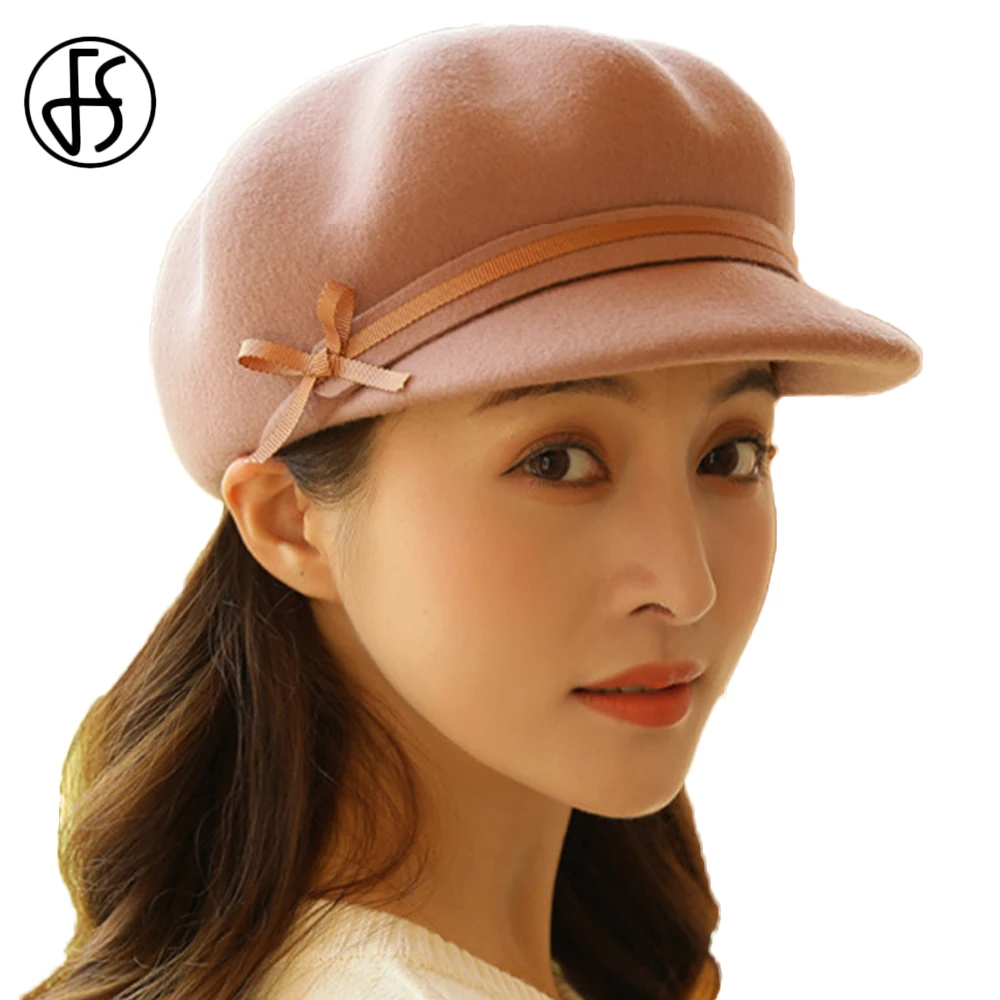 

FS 2022 Korean Style 100% Wool Felt Women Newsboy Gatsby Cap Octagonal Hats Beret Ladies Peaked Hat Painter Caps With Ribbon Bow