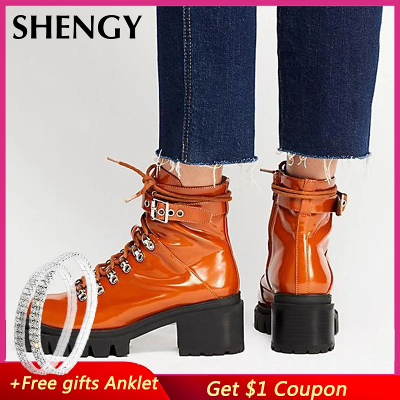 2019 женские мотоботы Осенняя мода Лакированная кожа круглый носок со шнуровкой