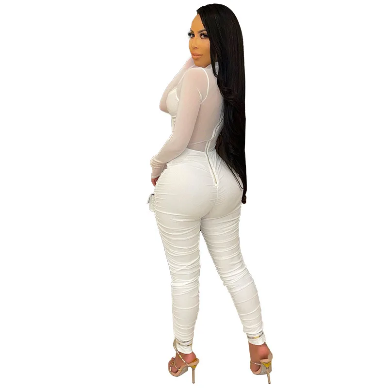 

Women Chic Mesh Jumpsuit Fashion Casual Sexy Tight Solid Color O-Neck Long Sleeves Female One Piece Romper