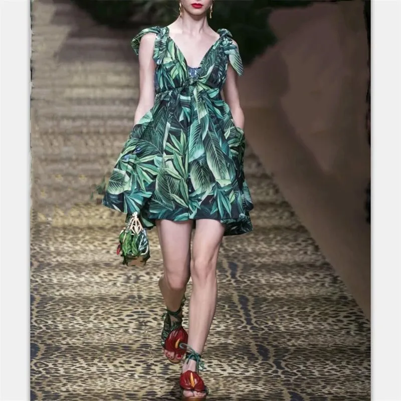 

Women Mini Dresses 2020 High Quality Spring Summer Runway V-Neck Sleeveless Printed Casual Holiday Beach Dress NP0867Y