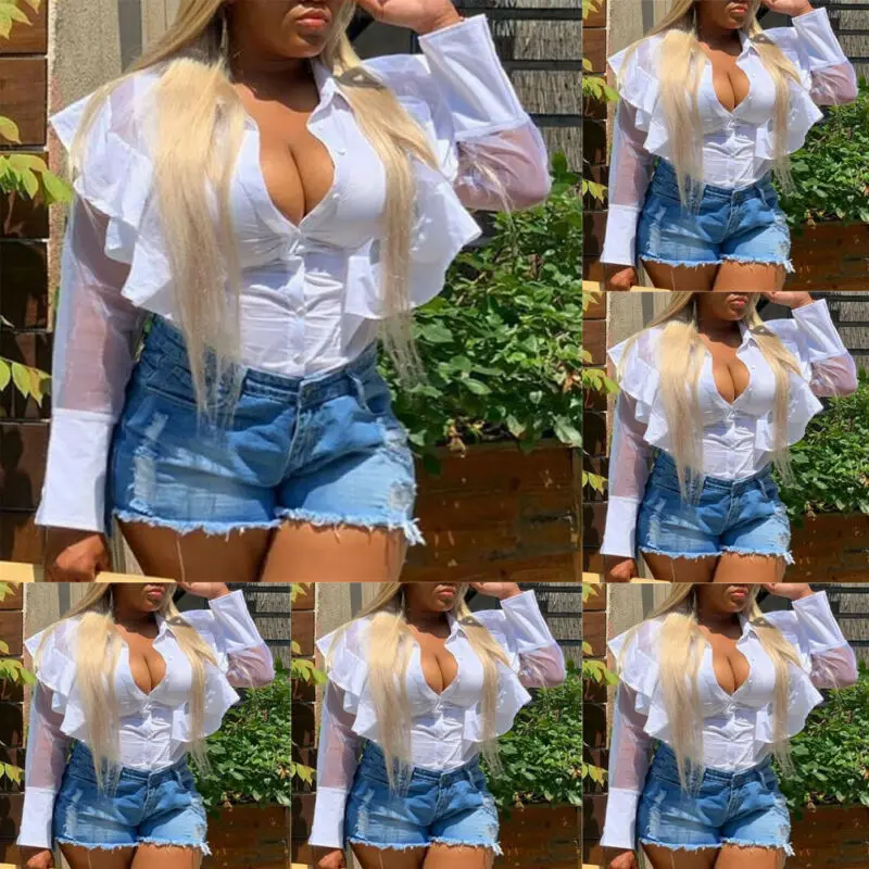 

Brand New Sexy Women See Through Mesh Sheer Ruffles Tops OL Shirts Ladies Turn Down Collar Blouse Long Sleeve Shirt Tops