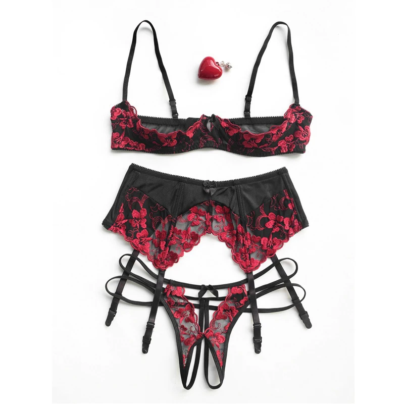 

Voor Vrouwen Lingerie Sexy Kant Push Up Beugel Open Bh En Tanga Pak Borduurwerk Bloemen Vrouwelijke Intimi Thong Bh Set