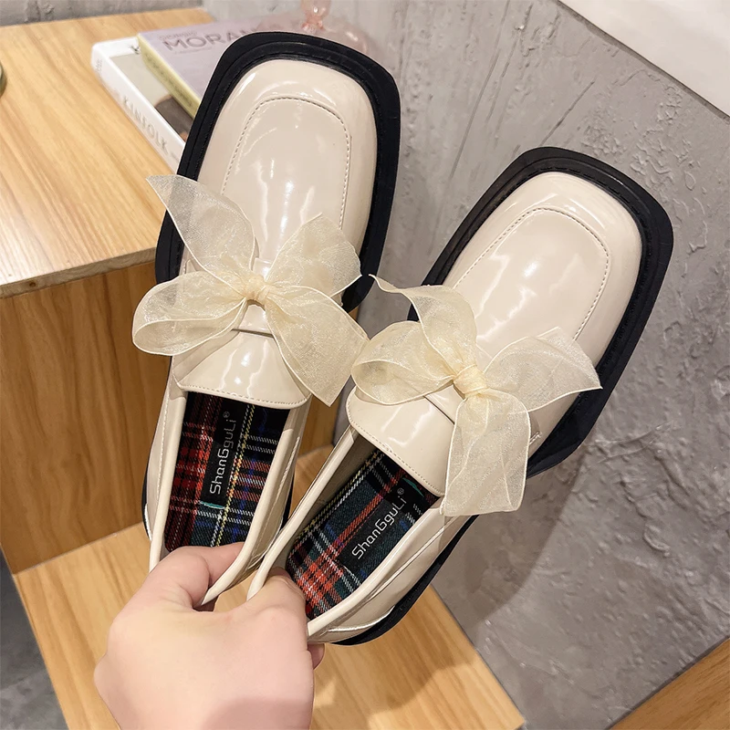 

Women Loafers Black Beige Slip On Office Fashion Riband Bowknot Leather Oxford Shoes Women Autumn Platform Flats Boat Shoes