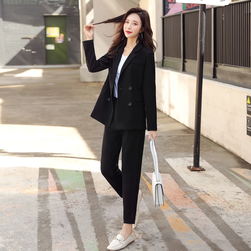 

Autumn Ladies Fashion Blazer Set Work Wear 2019 Double Breasted Long Sleeve Blazer+Pant Two Piece Set Female