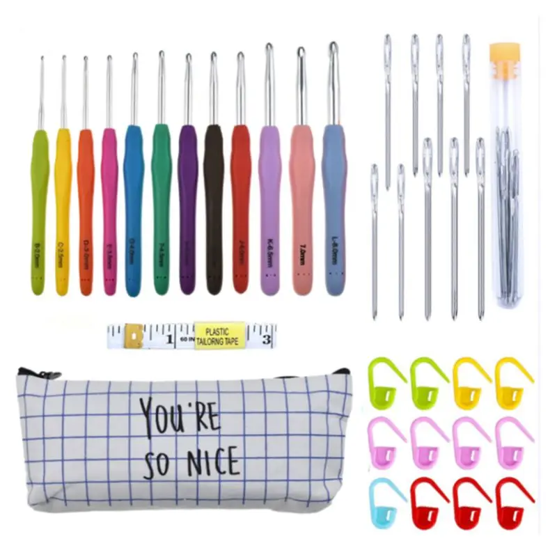 

1 Set Crochet Hook Ergonomic Aluminum Knitting Needles Set Rubber Handle Weave