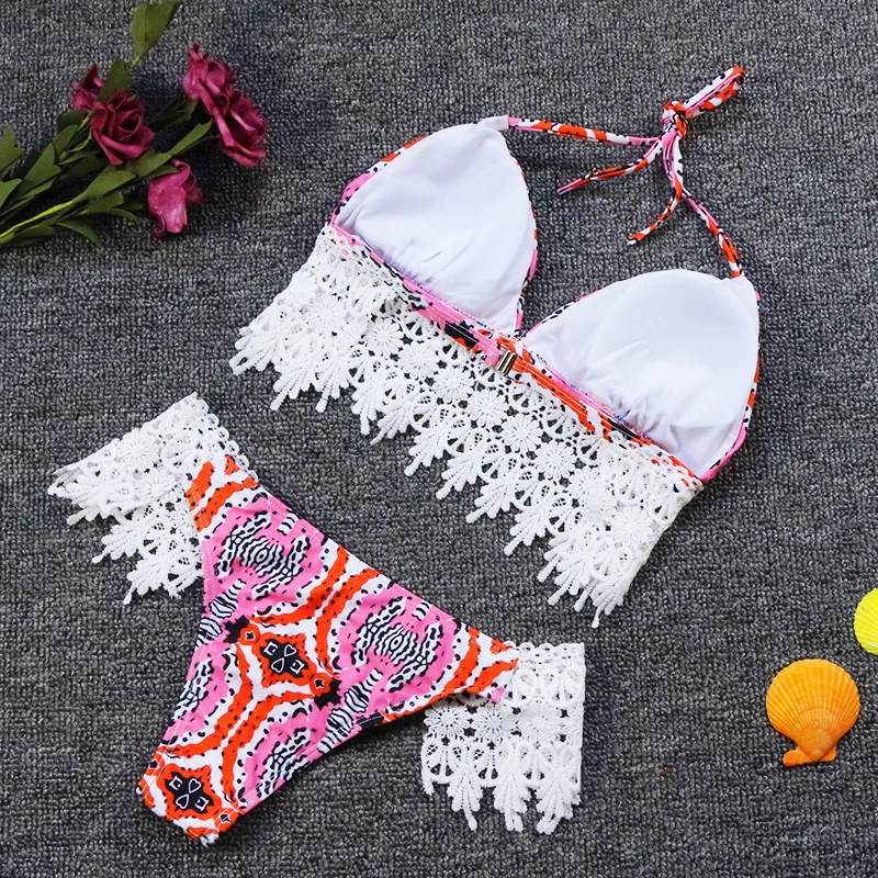 

2020 Women Sexy Bikini Set Fashionable Lace Split Bathing Suit Female Swimsuit Red Printed Swimwear