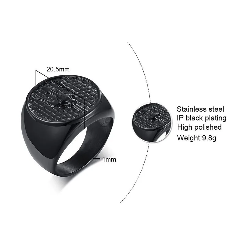 Кольцо медальон с трезубьями Нептуна для мужчин нержавеющая сталь черный