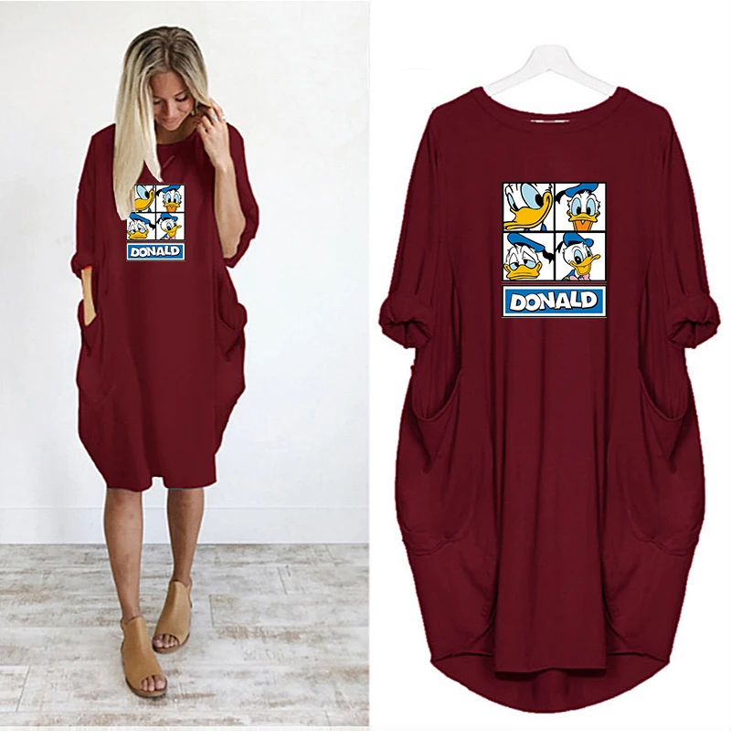 

Women Midi Dress Long Sleeve Vintage Vestidos Donald Duck Cartoon Print Party Loose Dress Casual Pockets Robes Femme