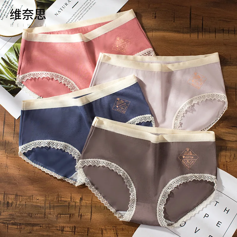 

Women's panties cotton sexy seal lace girl lingerie solid color mid-waist Panties breathable holes seamless Women's underwear