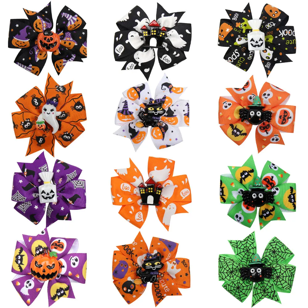 

12pcs Halloween Baby Girl Hair Clips Hairpin Bow Pumpkin Skull Hair Clips Colorful Barrettes Accesorios Kids Headwear