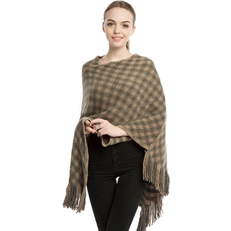 Классическое клетчатое зимнее пончо вязаный пуловер для женщин модная шаль