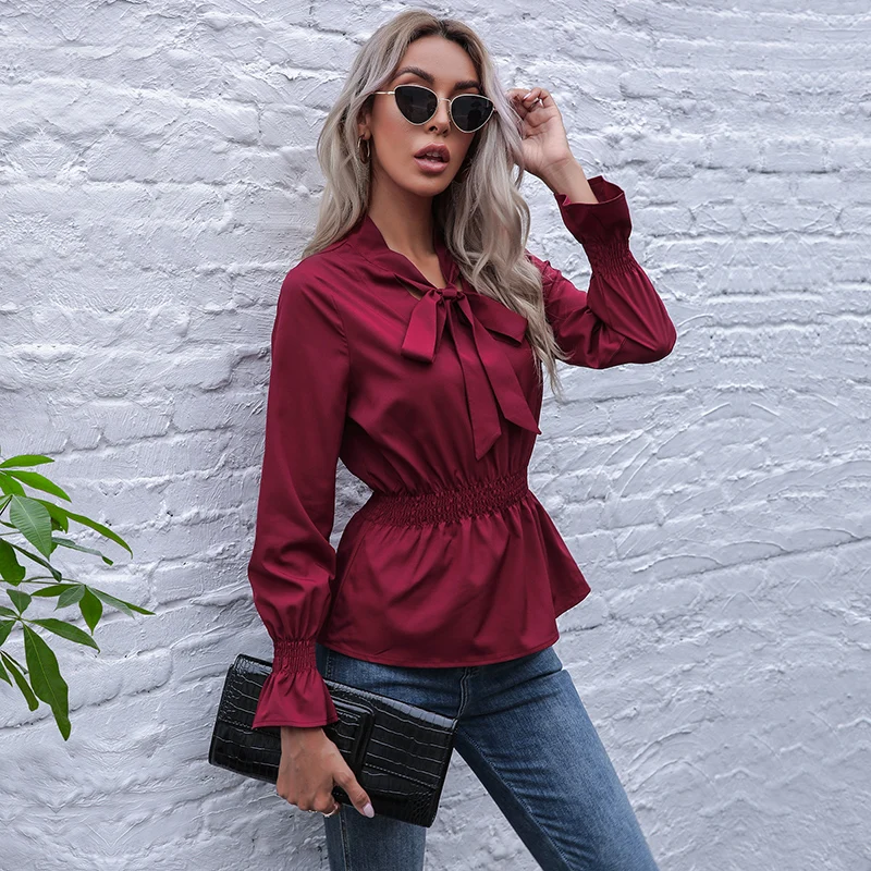 

2021 New Summer Women's Solid Color Scarf Collar Pullover Elastic Horn Long Sleeve Shirt Blouses Ladies Casual All Match Tops