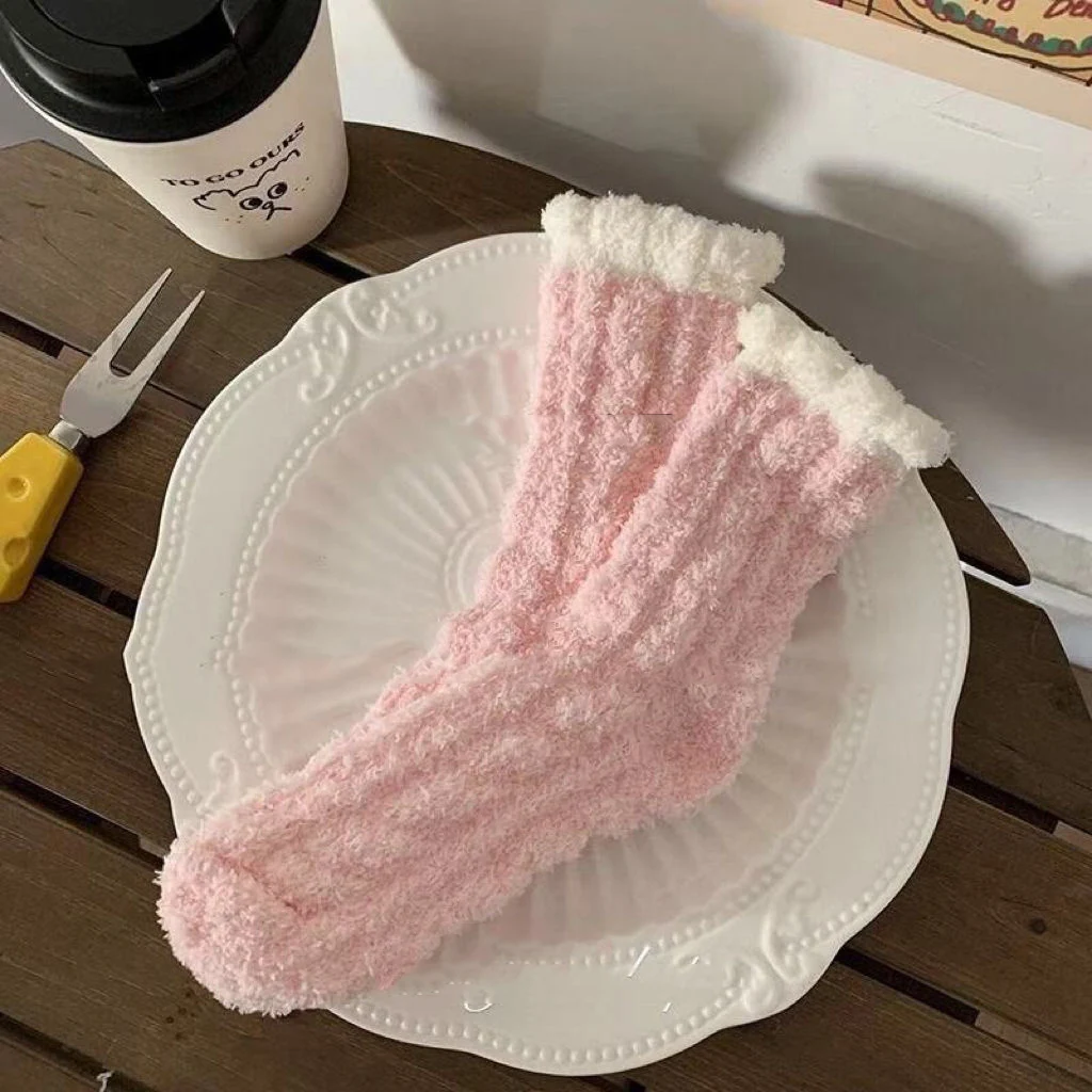 Women Socks Thicken Coral Velvet Cute Breathable Candy Colors Sweet Soft Home Floor Middle Tube Hosiery Female Fall Winter Warm | Женская