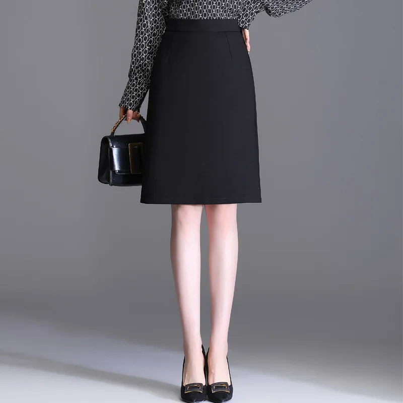 

Women High Waist Elegant Chic Slim Black Suit Skirt Autumn Winter Office Lady Formal Knee-length Bodycon Skirts