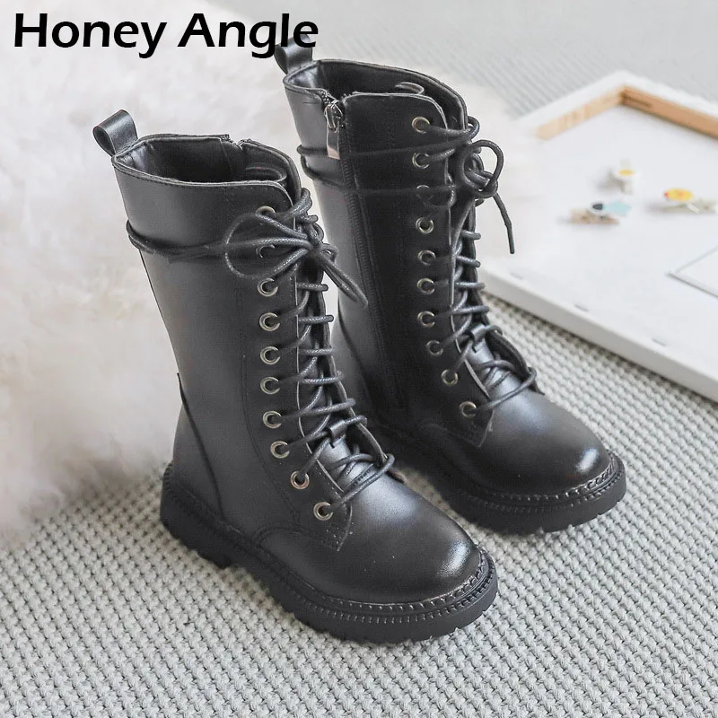 Honey Angle/сезон весна-осень; Детские модельные ботинки для девочек; Теплые ботильоны из искусственной кожи; Зимние Модные мотоботы для малышей