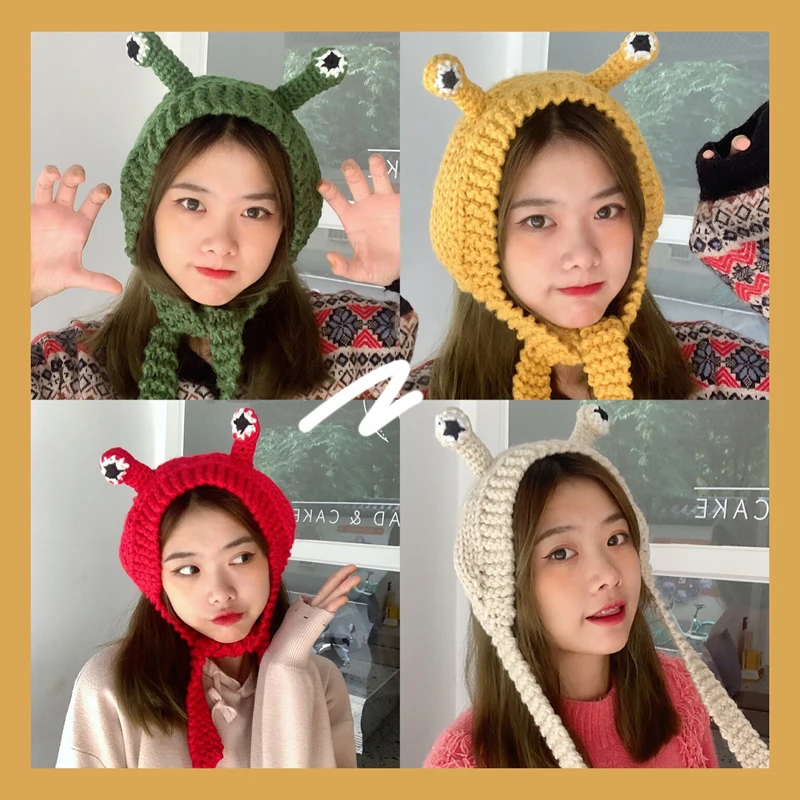 

Winter Women's Frog Hat Boho Fur Pompom Satin Cap Kids Fluffy Blue Ski Mask Lazy Bunny Ear Houndstooth Extra Long Satin Beanie