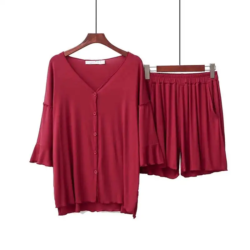 New Summer Pajamas Female Pure Cotton Short sleeve mid shorts Lotus leaf Pyjamas Large Size Spliced Home Suit | Женская одежда