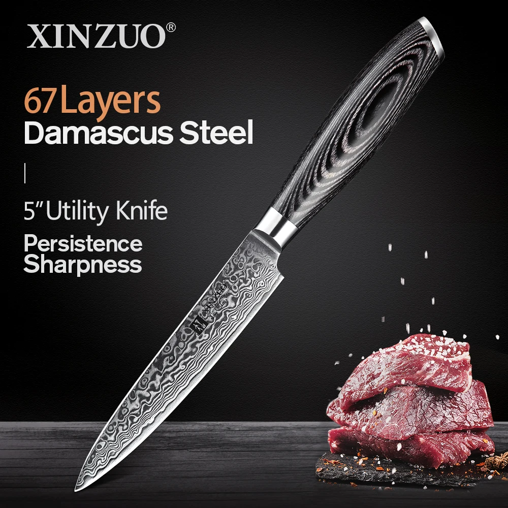 

XINZUO 5" Inch Utility Knife Kitchen Knives 67 Layers Japanese Damascus Steel Very Sharp Cooking Knife with Pakkawood Handle