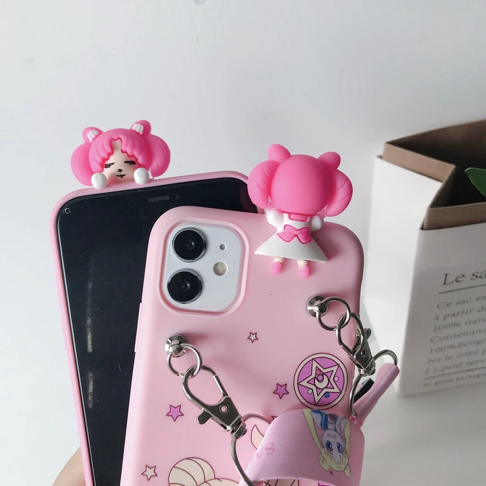 

Cute 3D Doll Pink Necklace Phone Case For Xiaomi Redmi 6 6A 5A 4A 5 Plus Note 8 6 7 4X Lanyard Neck Strap Cord Rope Soft Cover