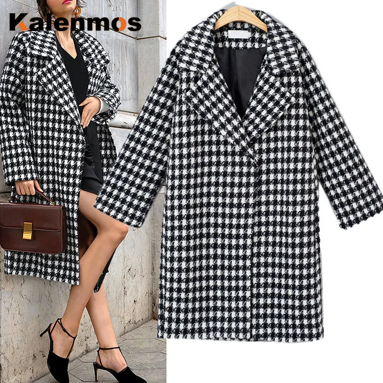 Зимнее длинное пальто размера плюс XL 4XL женское теплое в клетку с карманами