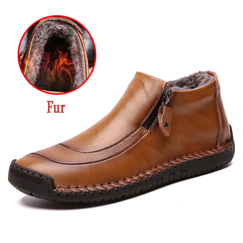 Fur yellow brown Теплые мужские зимние ботинки теплые кожаные мужские Ботильоны Теплая мужская обувь на меху Осенняя Классическая обувь для вождения на молнии с плюшевой подкладкой Большие размеры - Цвет: Fur yellow brown