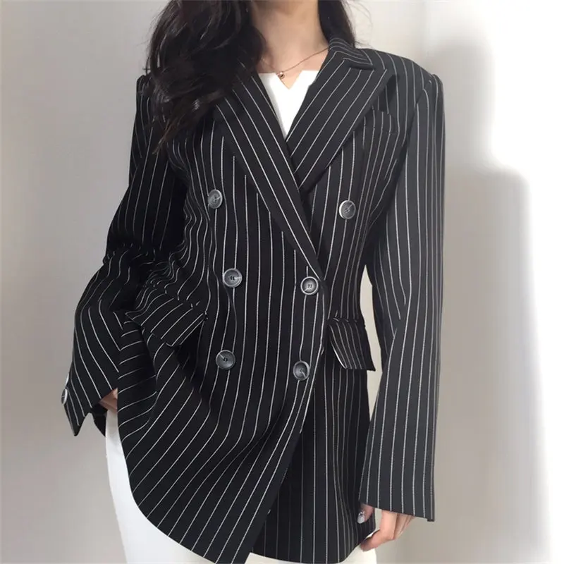 

HziriP Slender Office Lady Casual 2019 Feminine High Street New Autumn Striped Women Elegant All Match Loose Plus Size Blazers