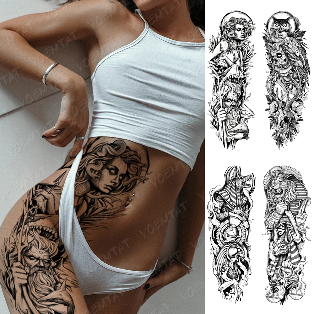 

Waterproof Temporary Big Arm Sleeve Tattoo Sticker Greek Goddess Medusa Poseidon Owl Flash Tattoos Woman Body Art Fake Tatto Men