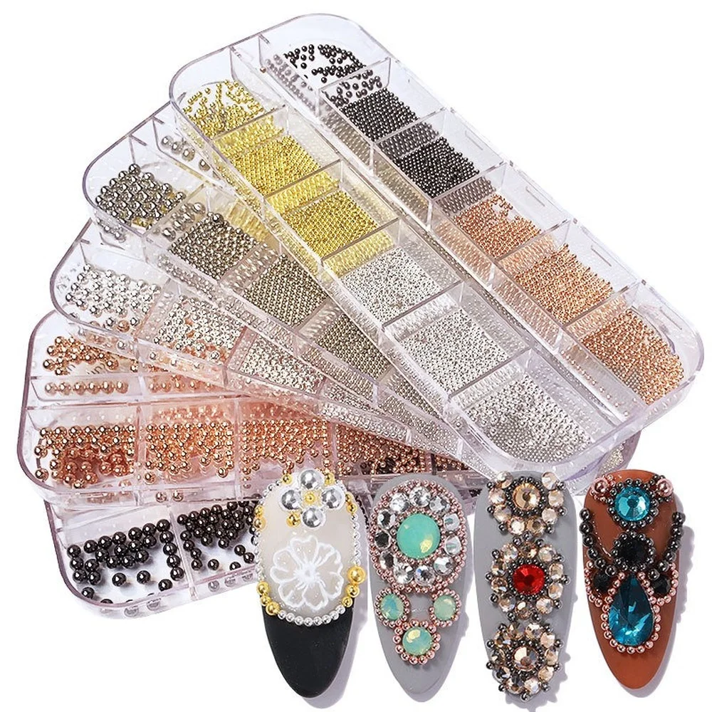 

12Grids/Box Nail Art Charm Beads Stainless Steel Mini Gold and Silver Metal Mini Caviar Nail Beads 3D Nail Art Studs Decoration
