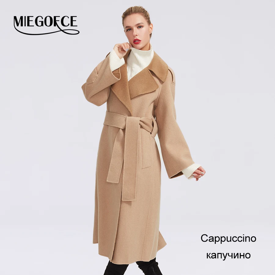MIEGOFCE осенне-зимнее пальто для женщин; кашемировая куртка; Однотонные плотные пояса длинные шерстяные пальто женские корейские свободные фонари рукав зимние кашемирвое пальто женское Большие размеры Верхняя - Цвет: 311-cappuccino