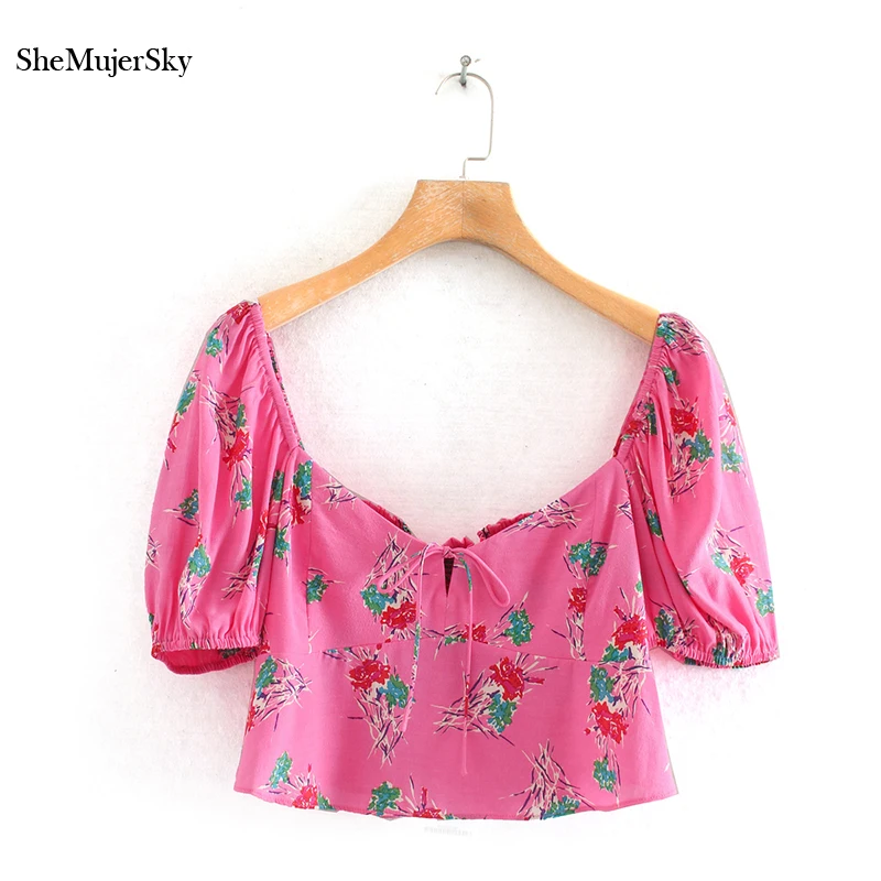 

SheMujerSky Pink Square Collar Blouse Women Backless Elastic Shirts 2020 Summer Sexy Floral Print Tops blusas