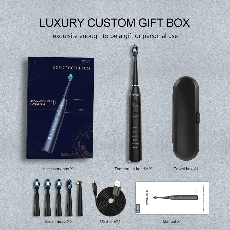 

SEAGO Sonic Electric Toothbrush Upgraded Adult Waterproof USB Rechargeable 360 Days Long Standby Time With5 Brush Head Best Gift