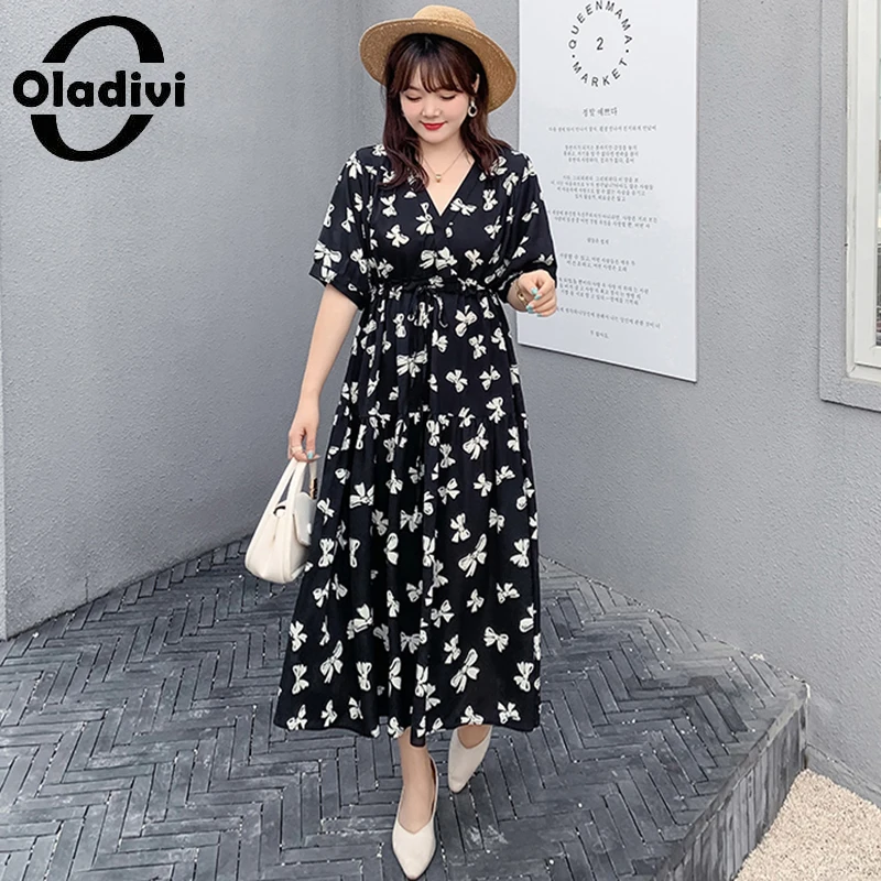 

Oladivi Oversized Clothing Fashion Print Chiffon Dress Women Summer Short Sleeve Midi Dresses Female Vestidios 9591 4XL 5XL 6XL