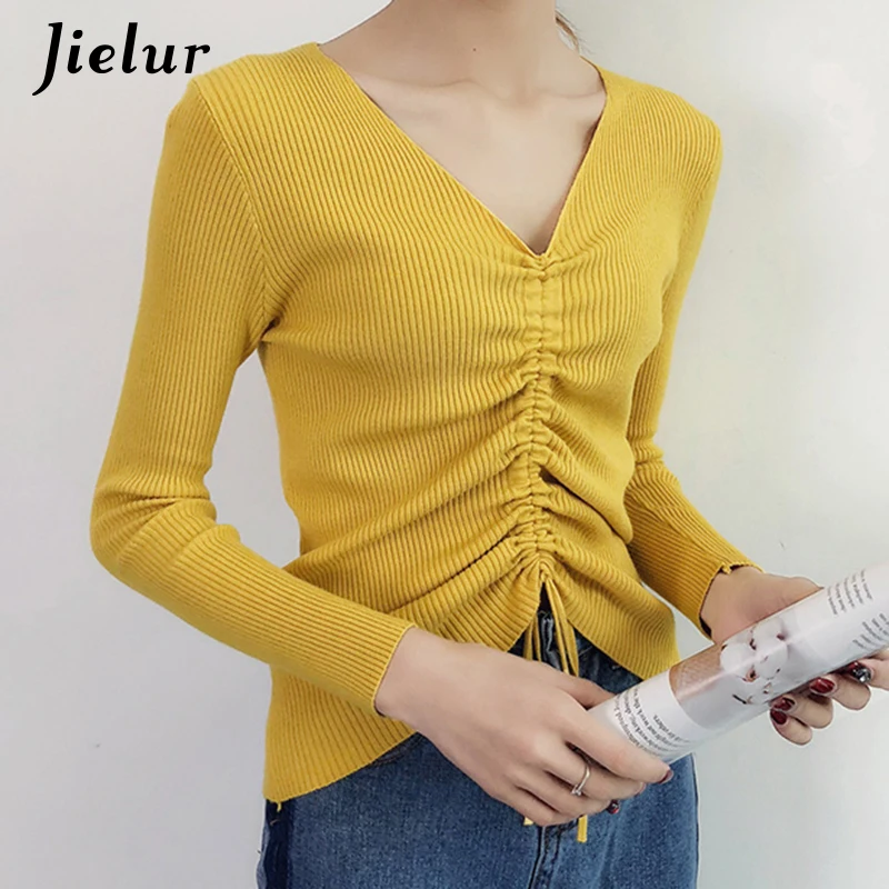 Элегантные однотонные свитера Jielur для женщин шикарные женские топы с кулиской и