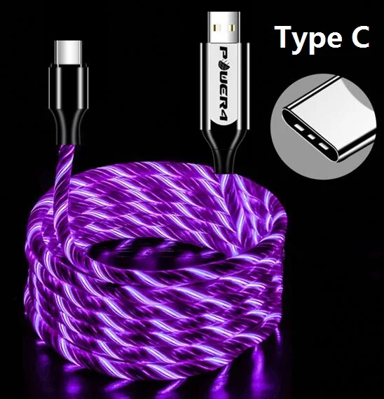 Power4 Прохладный светящийся USB C Микро зарядный кабель три разъема доступны для Lightning/Apple Android type-C зарядки мобильного телефона - Цвет: Type-C-Purple