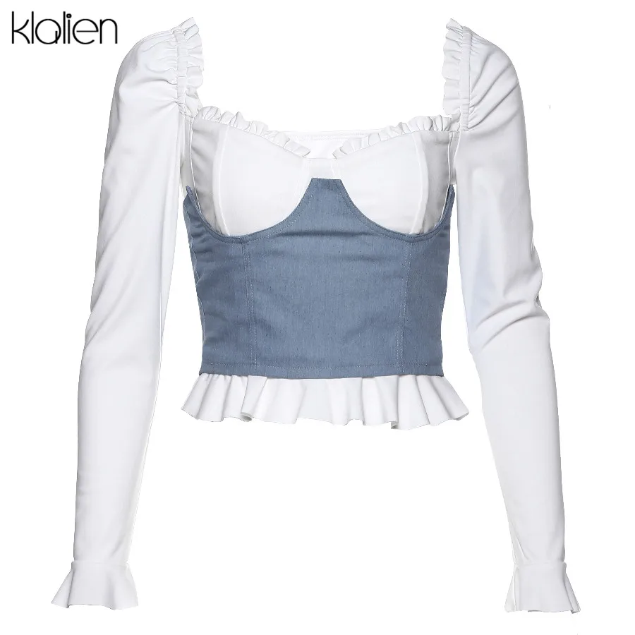 KLALIEN Harajuku Ruffle white elegant crop tops women Patchwork 2 pieces 2020 autumn spring street casual office shirts mujer | Женская
