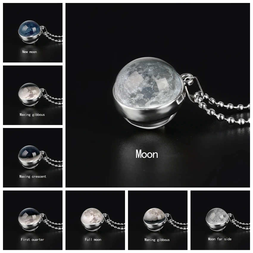 Moon Phase Image Double Sided Necklace Art Pendant Galaxy Planet Glass Ball Cabochon Handmade Astronomy Pendant Necklace Jewelry