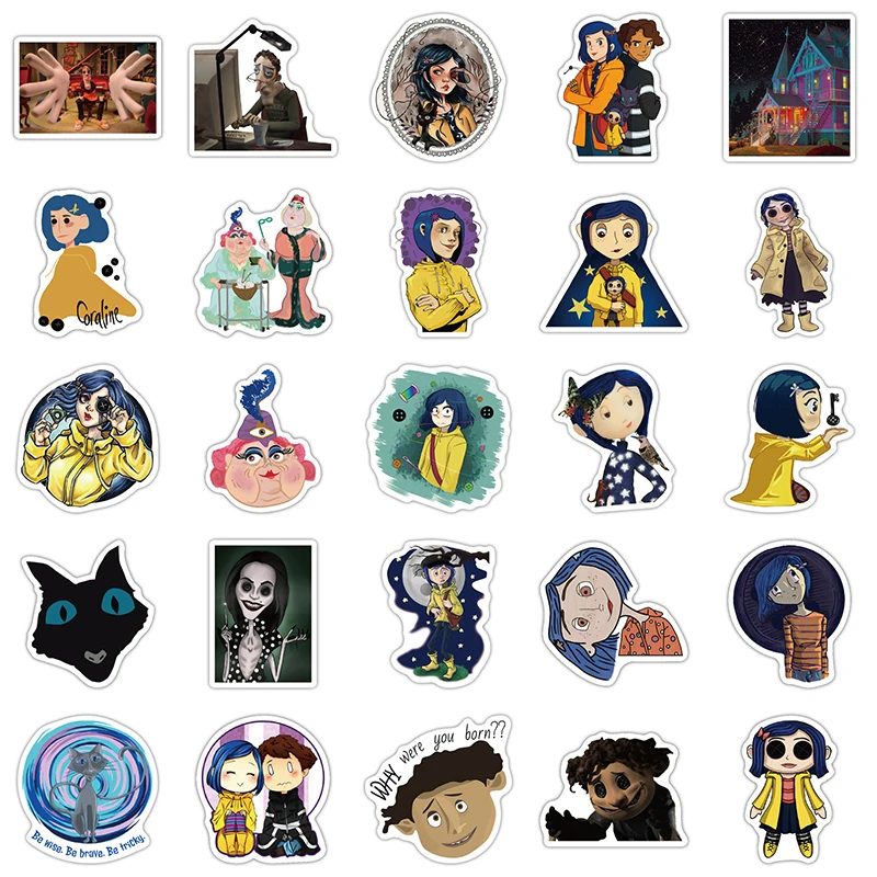 Calcoman&iacute;as de dibujos animados de pel&iacute;cula Coraline & The Secret Door, conjunto de 10/50 unids/set, pegatinas para equipaje, funda para rat&oacute;n, monopat&iacute;n, port&aacute;til-2