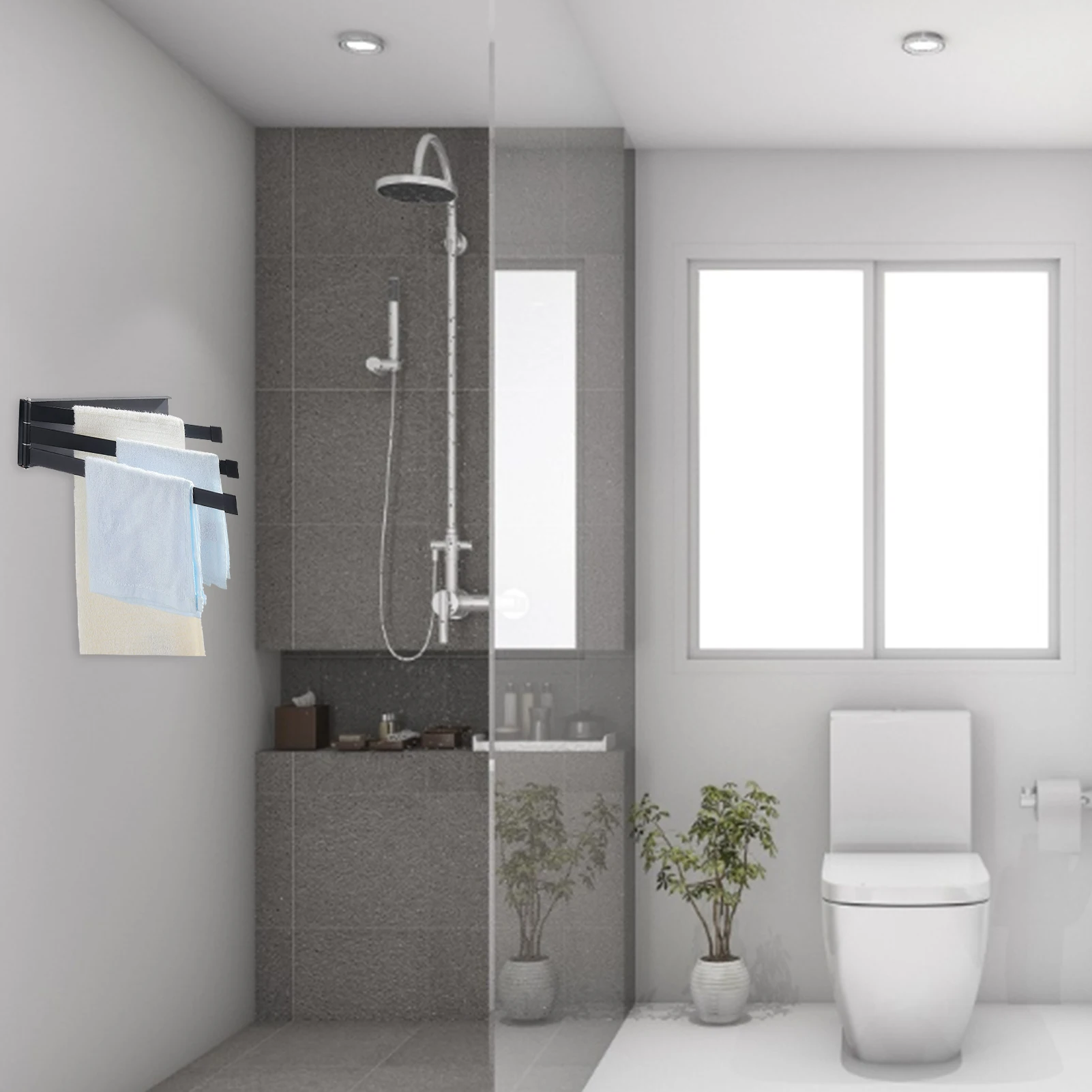 

Iron swing towel rack, wall-mounted non-perforated foldable bathroom towel rack, 3-rocker towel bar storage rack