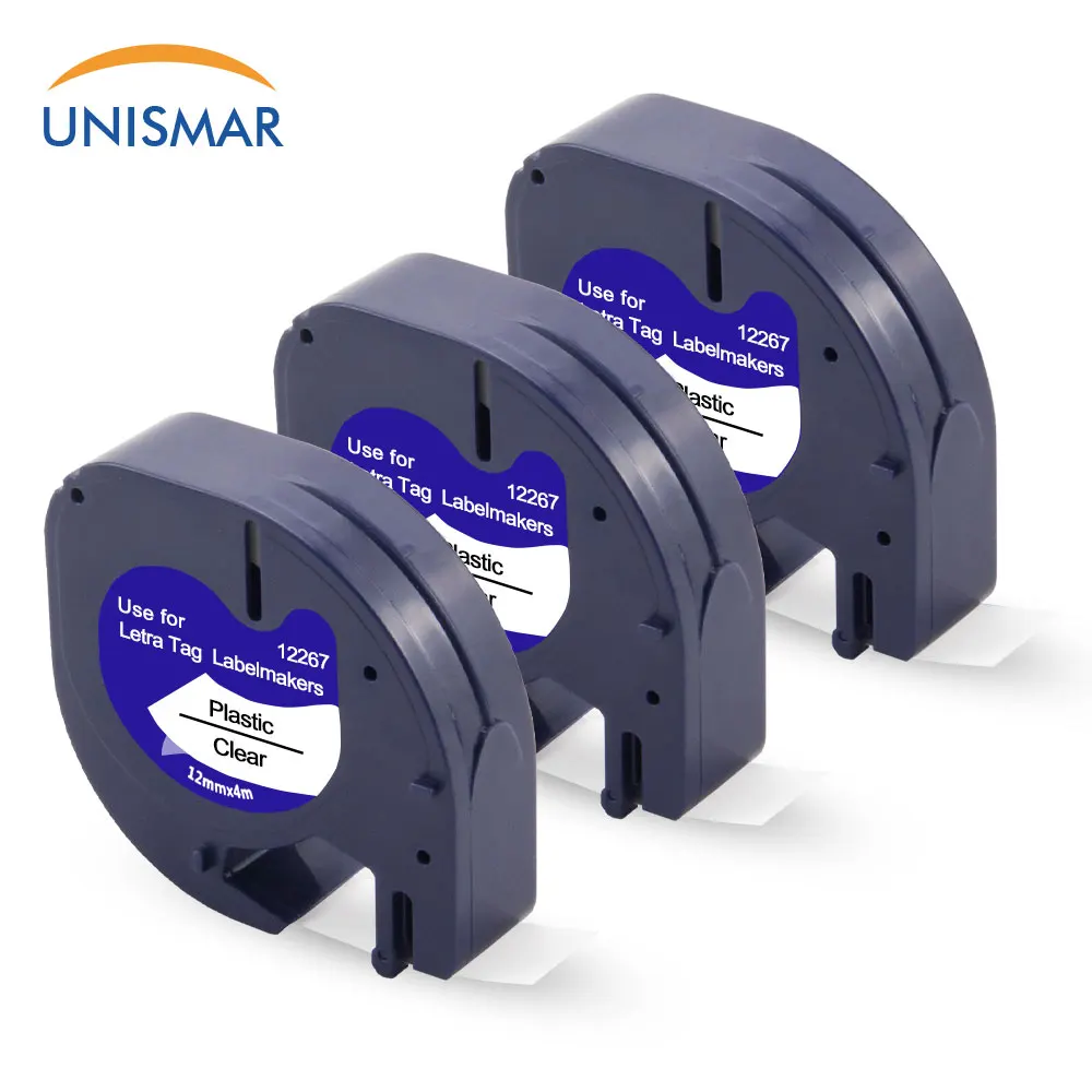 Unismar 3 шт. совместимый для DYMO LetraTag LT 100H 12267 91201 91202 91203 91204 91200 91205 черный на прозрачном