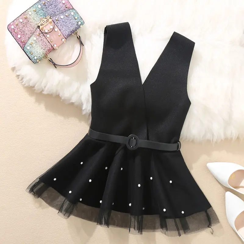 

Vest Women Waistcoat Ladies Vest Tops Tunic Beading V neck Sleeveless Ruffle Belt Jacket Casual Black