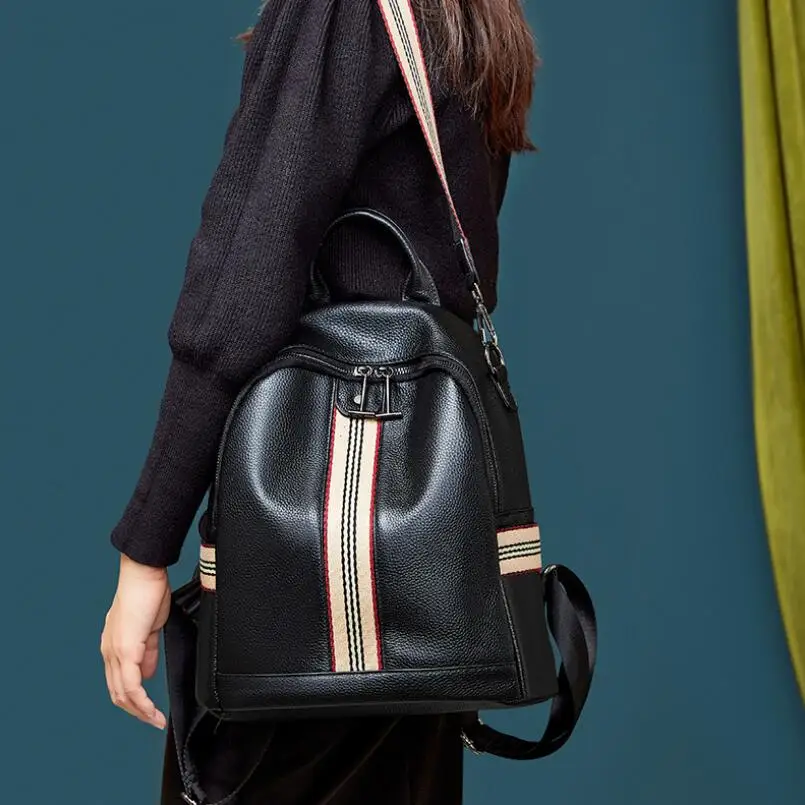 

2021 Brand Women Backpack Genuine Leather Totes Bag Knit Wide Strap Ladies Shoulder Bag High Capacity Female Travel Backpacks